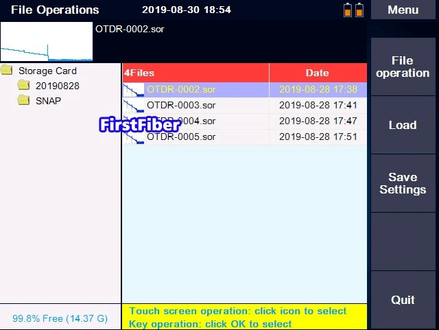 FirstFiber 8000MAX OTDR 파일 관리 화면