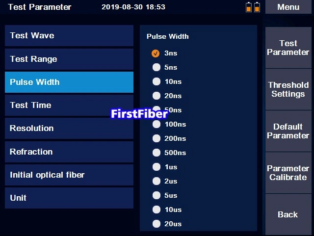 FirstFiber 8000MAX OTDR 펄스 폭 설정 화면